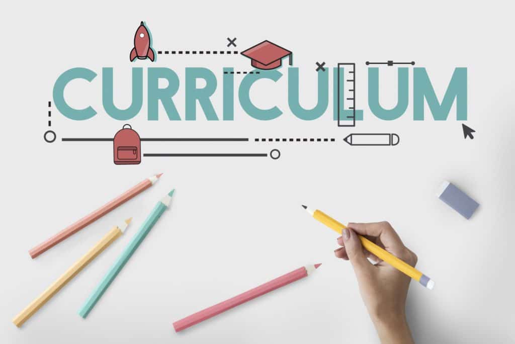 Graphic design of the word ‘curriculum’ surrounded by icons and a hand holding a pencil.