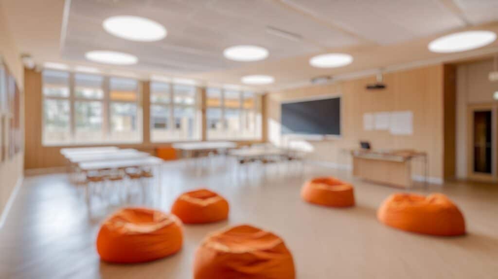 A landscape photo of a classroom utilizing flexible seating with bean bag