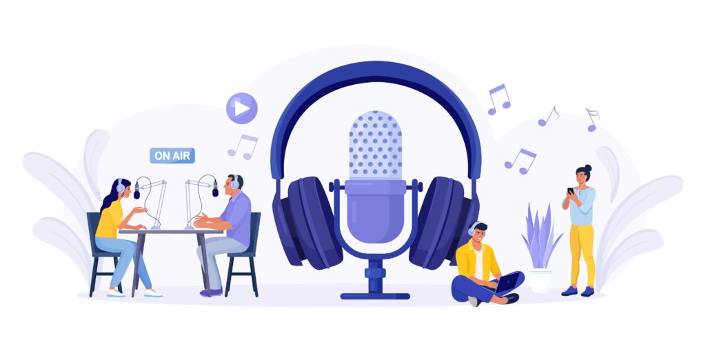 A vector image of people recording a podcast and listeners tuning in.