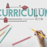 Graphic design of the word ‘curriculum’ surrounded by icons and a hand holding a pencil.