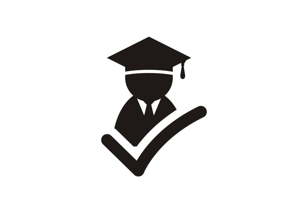 A vector image of a graduate with a check mark next to it.