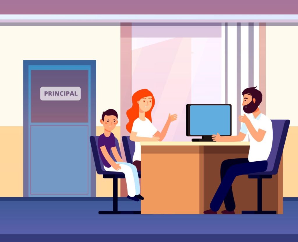 A vector illustration of a mom and son sitting in the principals’ office.